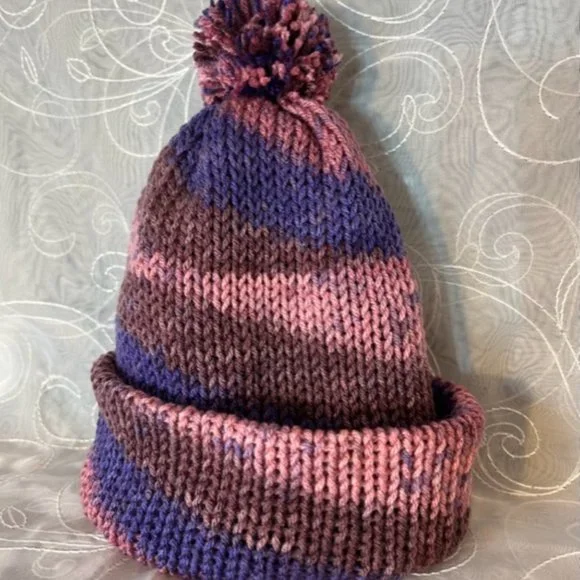 Handmade Hand knitted Purple/Pink/Brown Beanie NEW - Picture 1 of 4